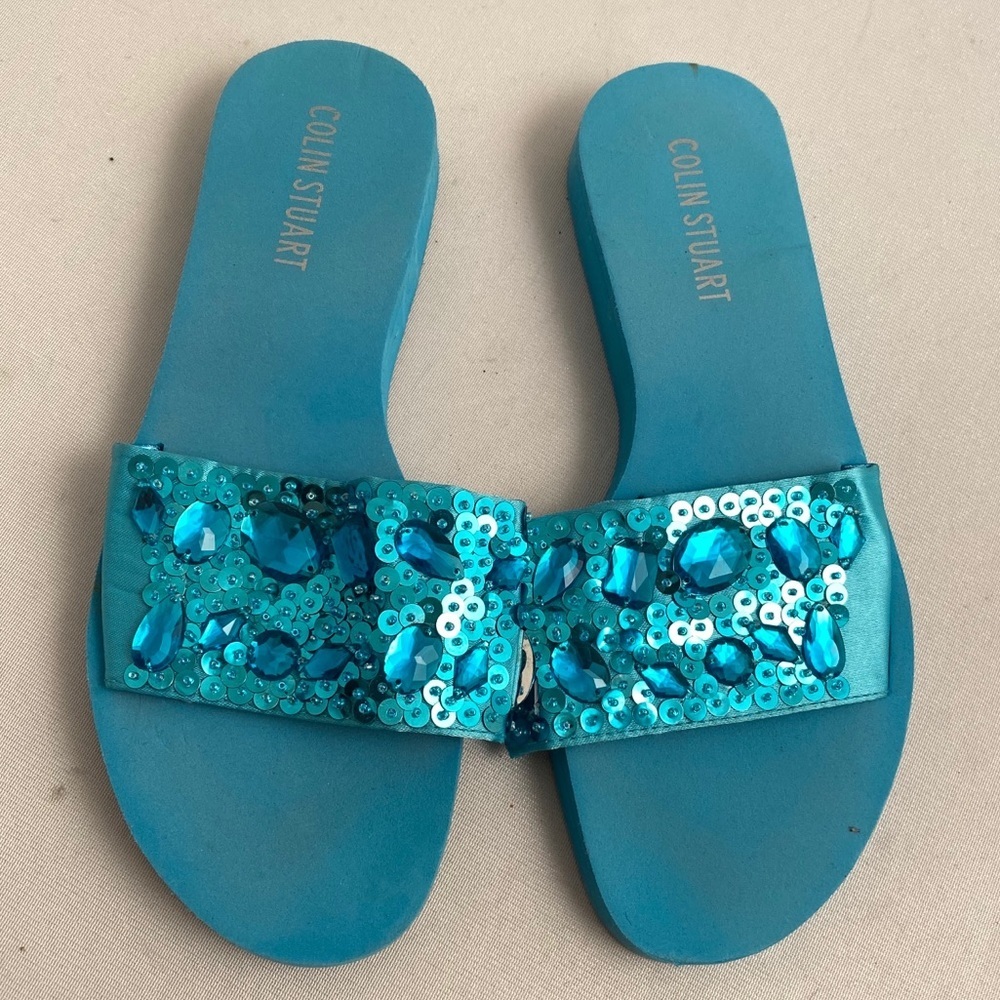 Colin Stuart turquoise bling jeweled flip flops 9/10 - Picture 1 of 6